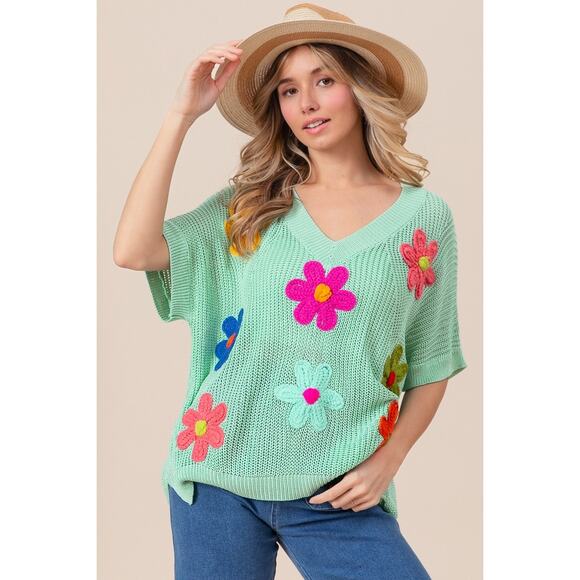 BiBi Flower Patches Dolman Sleeves V-Neck Lightweight Relaxed Fit Sweater | Sage - Picture 5 of 8